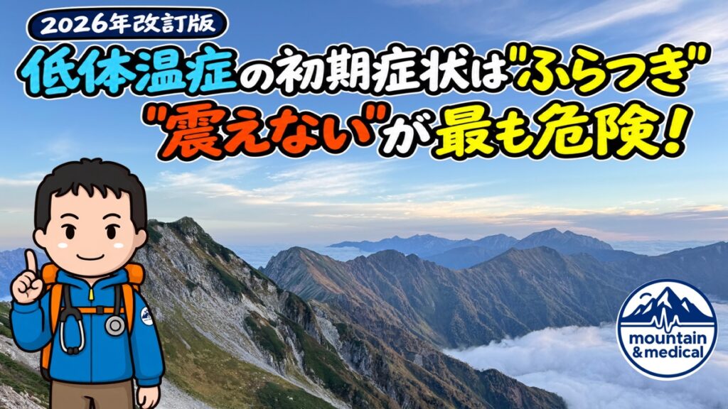 低体温症の初期症状は"ふらつき"、"震えない"が最も危険と伝える2026年改訂版のアイキャッチ。北アルプスの稜線と雲海を背に、山岳医のキャラクターが指を立てている