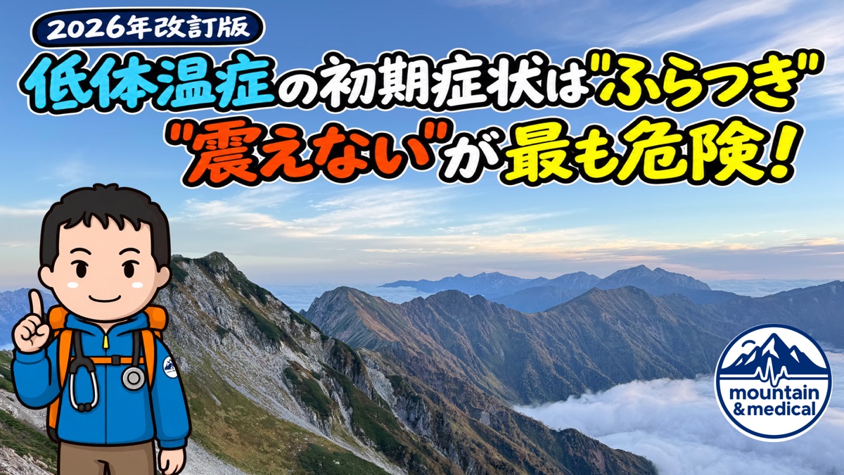 低体温症の初期症状は"ふらつき"、"震えない"が最も危険と伝える2026年改訂版のアイキャッチ。北アルプスの稜線と雲海を背に、山岳医のキャラクターが指を立てている