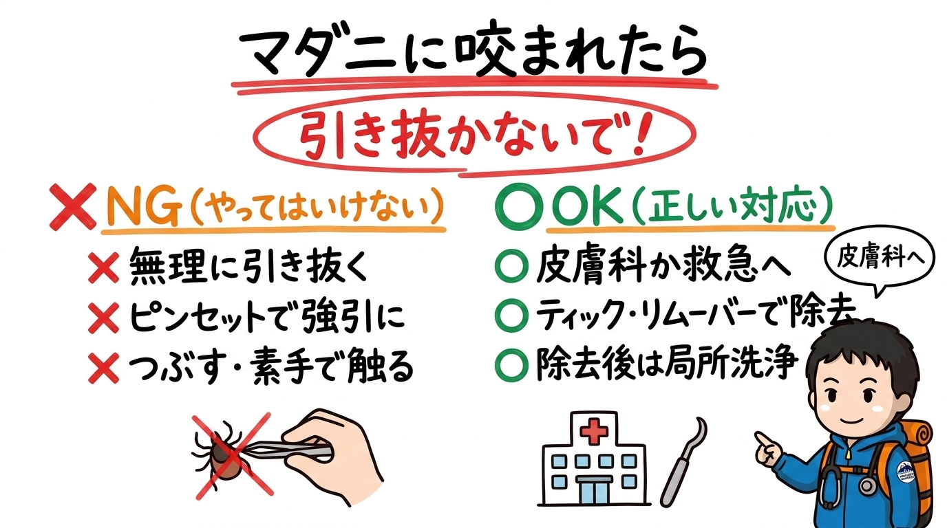 マダニに咬まれた時のNGとOK:NG(無理に引き抜く・ピンセットで強引に・つぶす)/OK(皮膚科か救急へ・ティックリムーバー・除去後は局所洗浄)