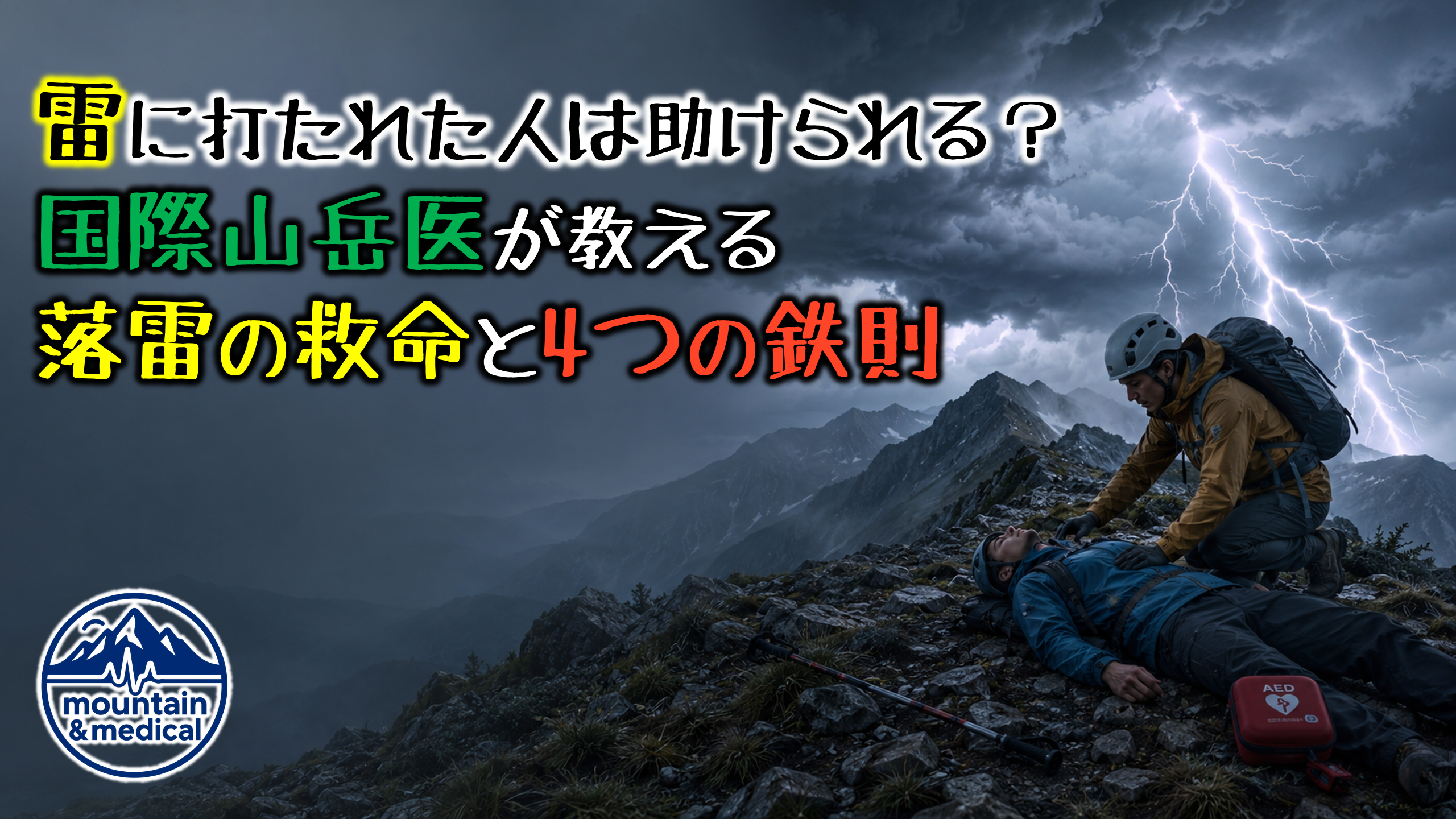 嵐の稜線で雷に打たれて倒れた登山者に、仲間がAEDと心肺蘇生で救助を行う様子｜落雷の救命と逆トリアージ