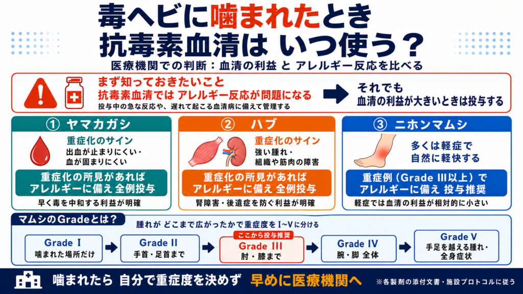 ヘビ咬傷で抗毒素血清をいつ使うかを示した図解