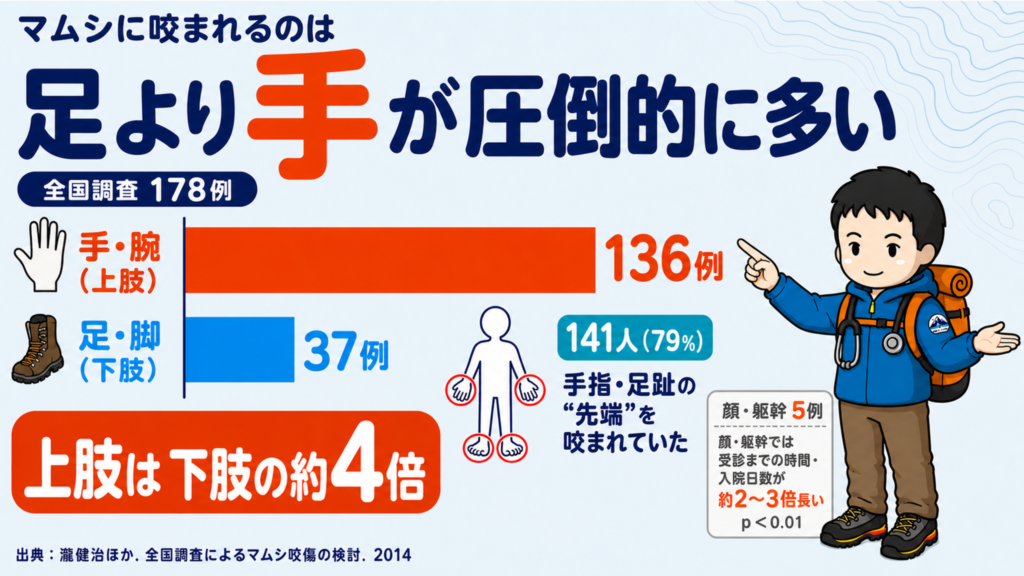 マムシ咬傷の受傷部位の内訳。上肢136例に対し下肢37例で、上肢が約4倍多い