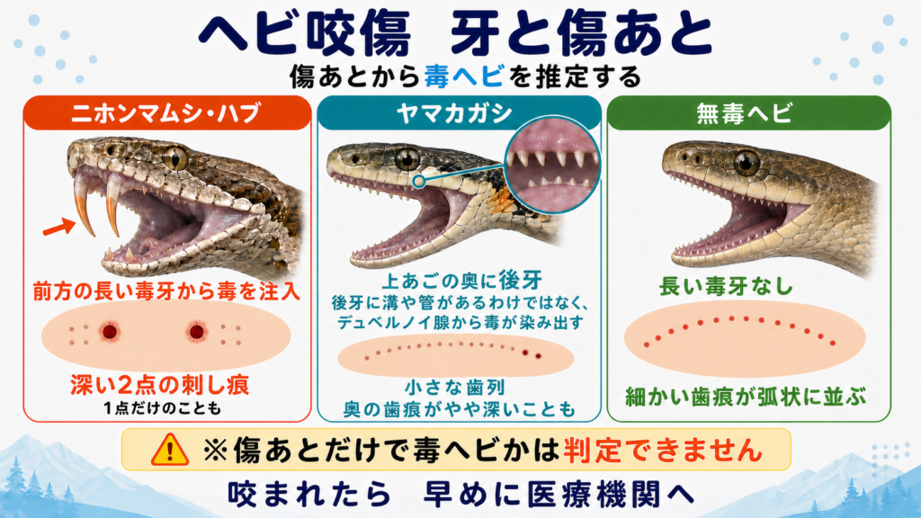 ヘビの牙の生え方と咬まれた痕の違いを示す図解。マムシ・ハブは前歯の毒牙による点状の痕、ヤマカガシ・無毒ヘビは列に並んだ歯形