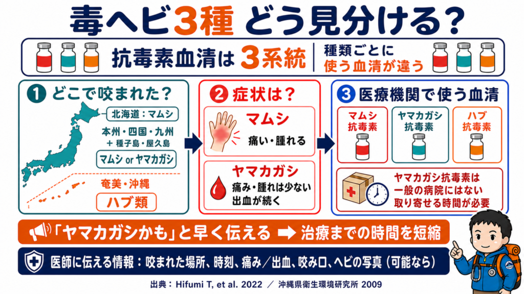 毒ヘビ3種の見分け方の図解。①咬まれた場所(本州・四国・九州+種子島・屋久島はマムシかヤマカガシ、奄美・沖縄はハブ類)②症状(マムシは痛い・腫れる、ヤマカガシは痛み腫れが少なく出血が続く)③抗毒素血清は3系統に分かれ、ヤマカガシ抗毒素は一般の病院になく取り寄せに時間が必要