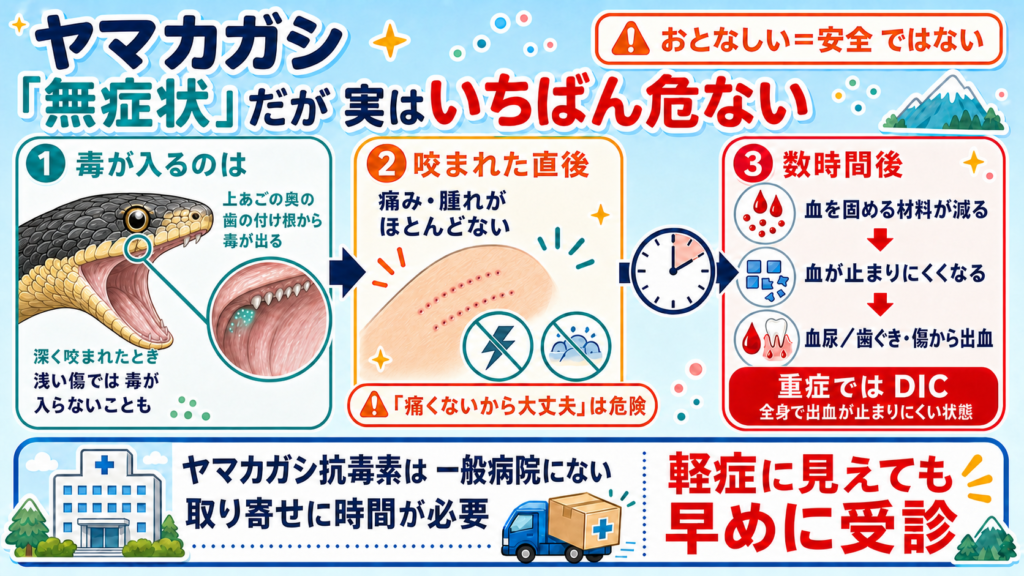 ヤマカガシ咬傷の経過の図解。毒は上あごの奥の歯の付け根から出るため深く咬まれたときに入る。咬まれた直後は痛みも腫れもほとんどないが、数時間後に血が止まりにくくなり、血尿や歯ぐき・傷からの出血が出現。重症ではDIC。抗毒素は一般病院になく取り寄せに時間がかかるため、軽症に見えても早めに受診