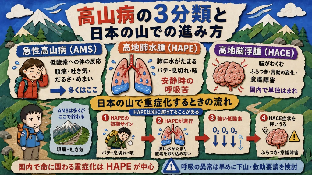 高山病の3分類と日本の山での進み方。急性高山病(AMS)・高地肺水腫(HAPE)・高地脳浮腫(HACE)の症状を比較し、日本ではHAPEの初期サインから低酸素が進みHACE症状に至る流れを示した図解