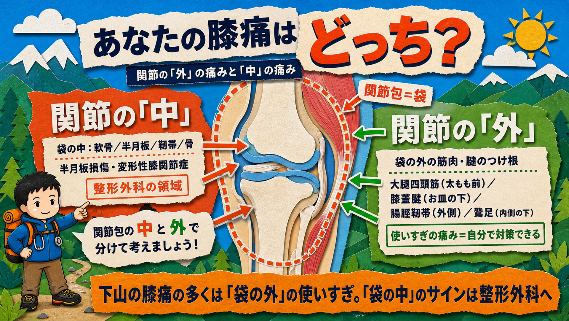 膝痛は関節包の「中」と「外」に分けて考える図解。関節内(軟骨・半月板・靭帯)は整形外科の領域、関節外(大腿四頭筋・膝蓋腱・腸脛靭帯・鵞足)の使いすぎの痛みは自分で対策できる