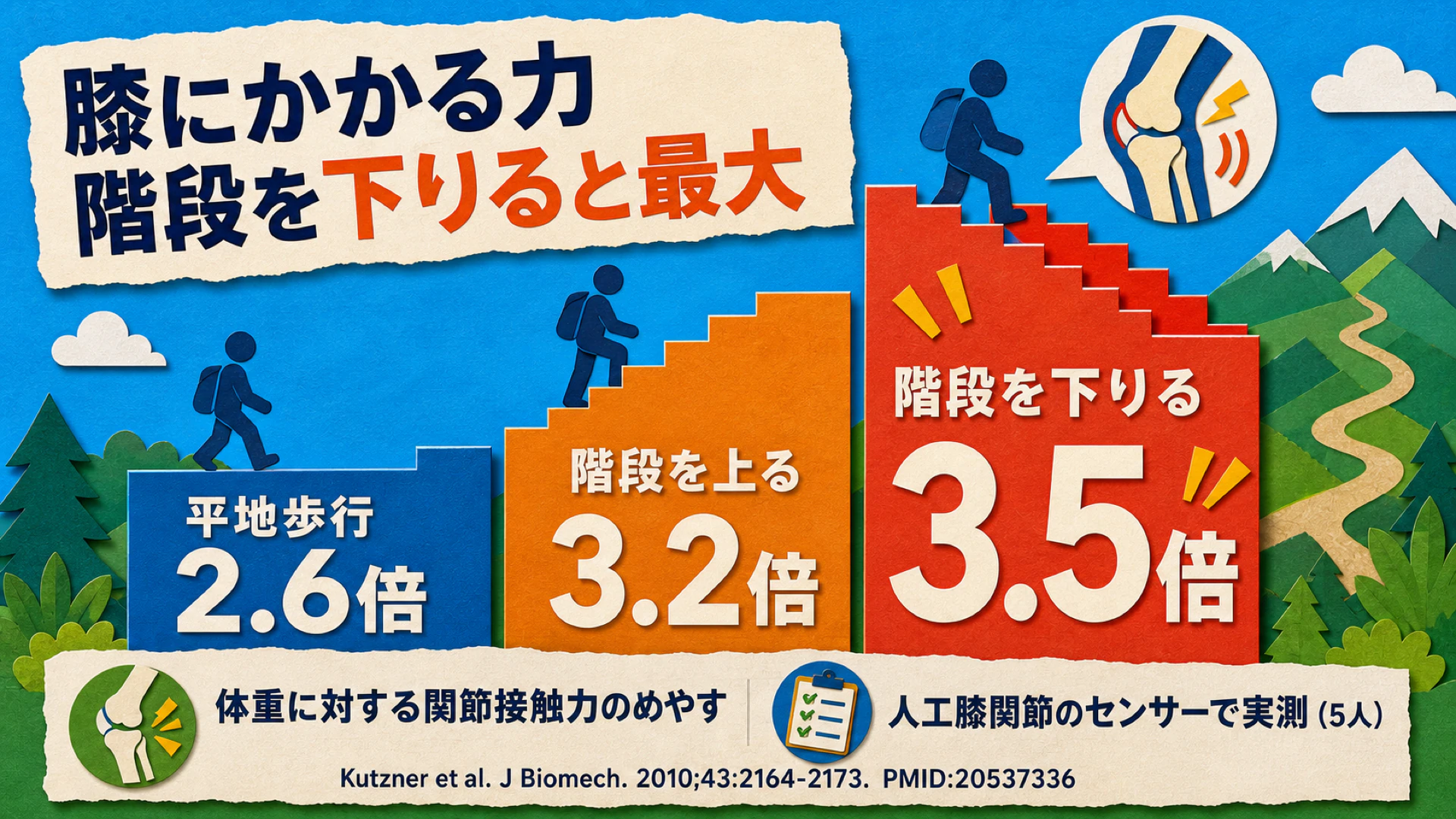 膝にかかる力は平地歩行で体重の約2.6倍、階段を上ると約3.2倍、階段を下りると約3.5倍で最大になる(人工膝関節のセンサーによる実測)