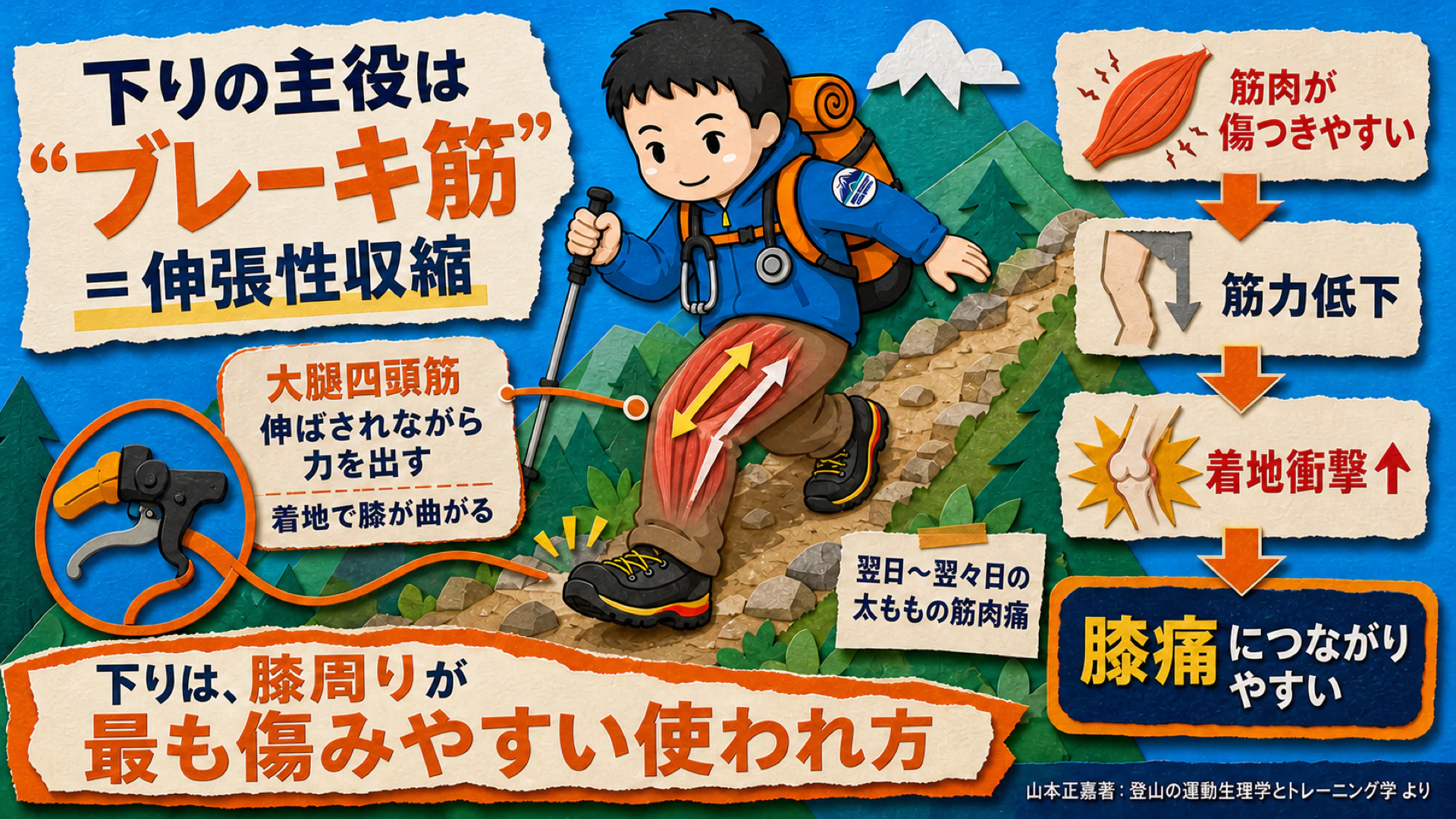 下りの主役はブレーキ筋=伸張性収縮。大腿四頭筋が伸ばされながら力を出すため筋肉が傷つきやすく、筋力低下から着地衝撃が増えて膝痛につながる