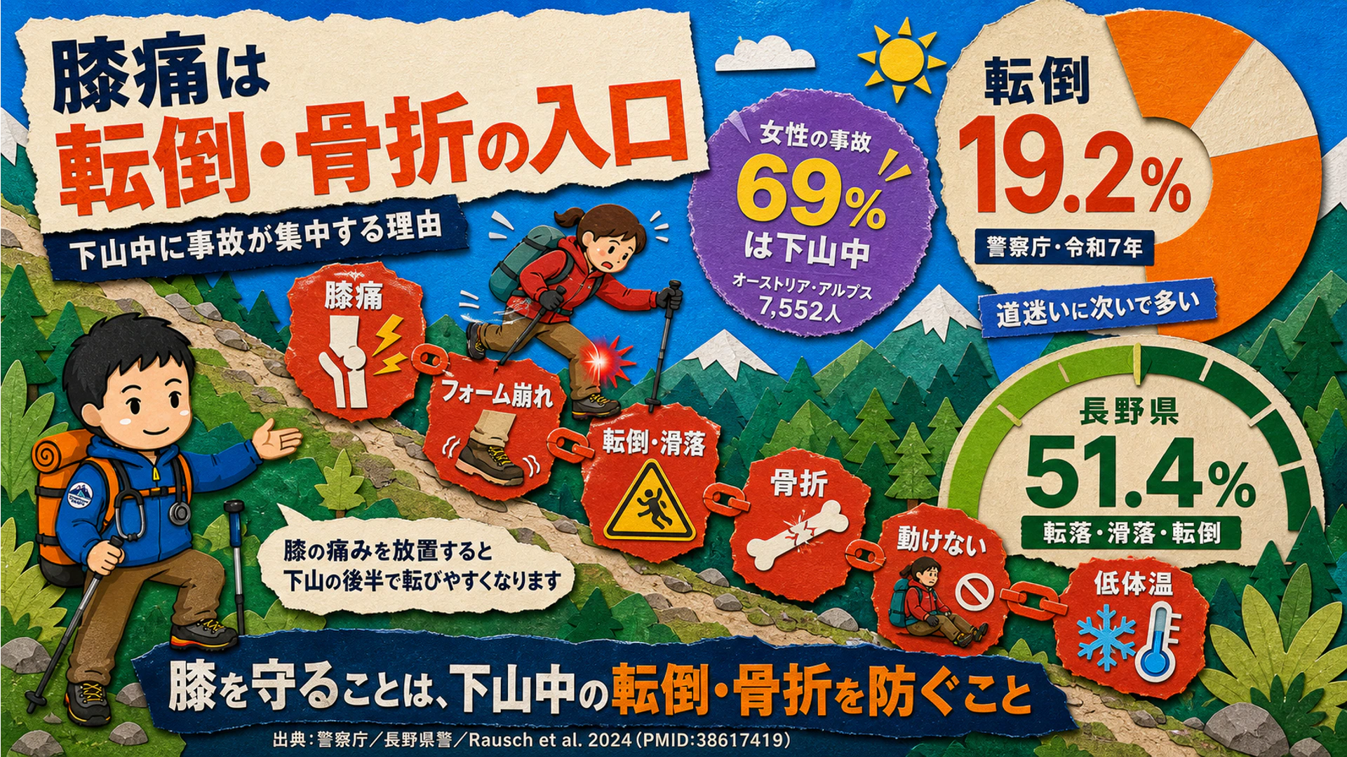 膝痛は転倒・骨折の入口。転倒は山岳遭難原因の19.2%で道迷いに次いで多く、長野県では転落・滑落・転倒が51.4%、女性の事故の69%は下山中に起こる