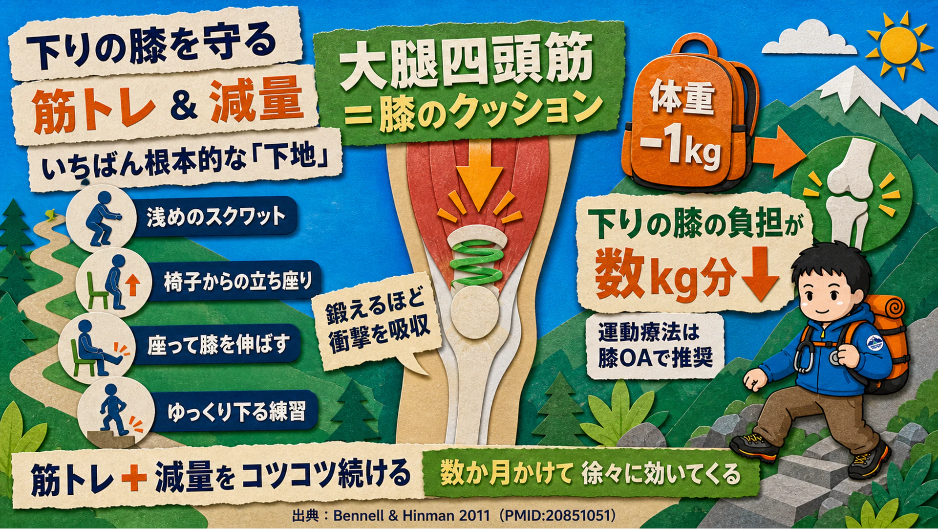 下りの膝を守る筋トレと減量の図解。浅めのスクワット・椅子からの立ち座り・座って膝を伸ばす・ゆっくり下る練習。体重1kg減で下りの膝の負担は数kg分減る