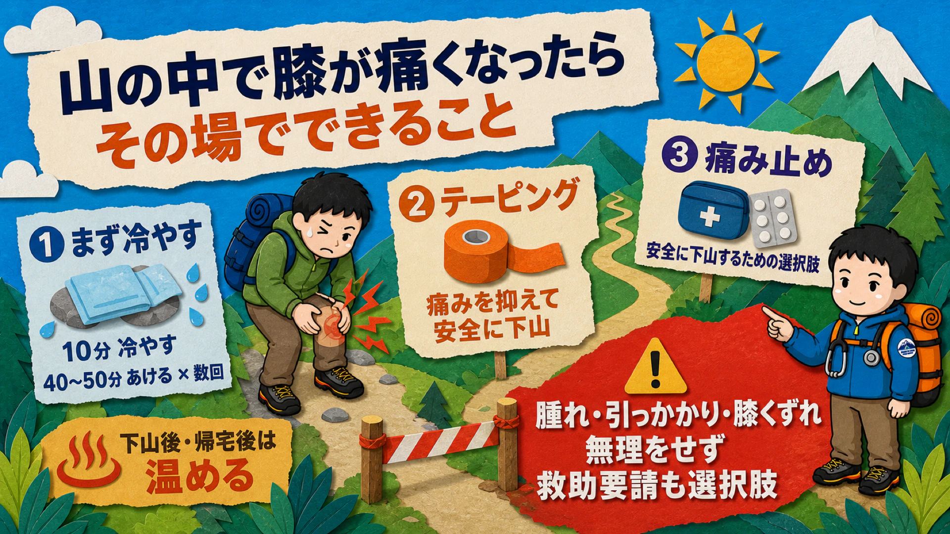 山の中で膝が痛くなったらその場でできること。①まず冷やす(10分冷やして40〜50分あける)②テーピング③痛み止め。腫れ・引っかかり・膝くずれが出たら救助要請も選択肢