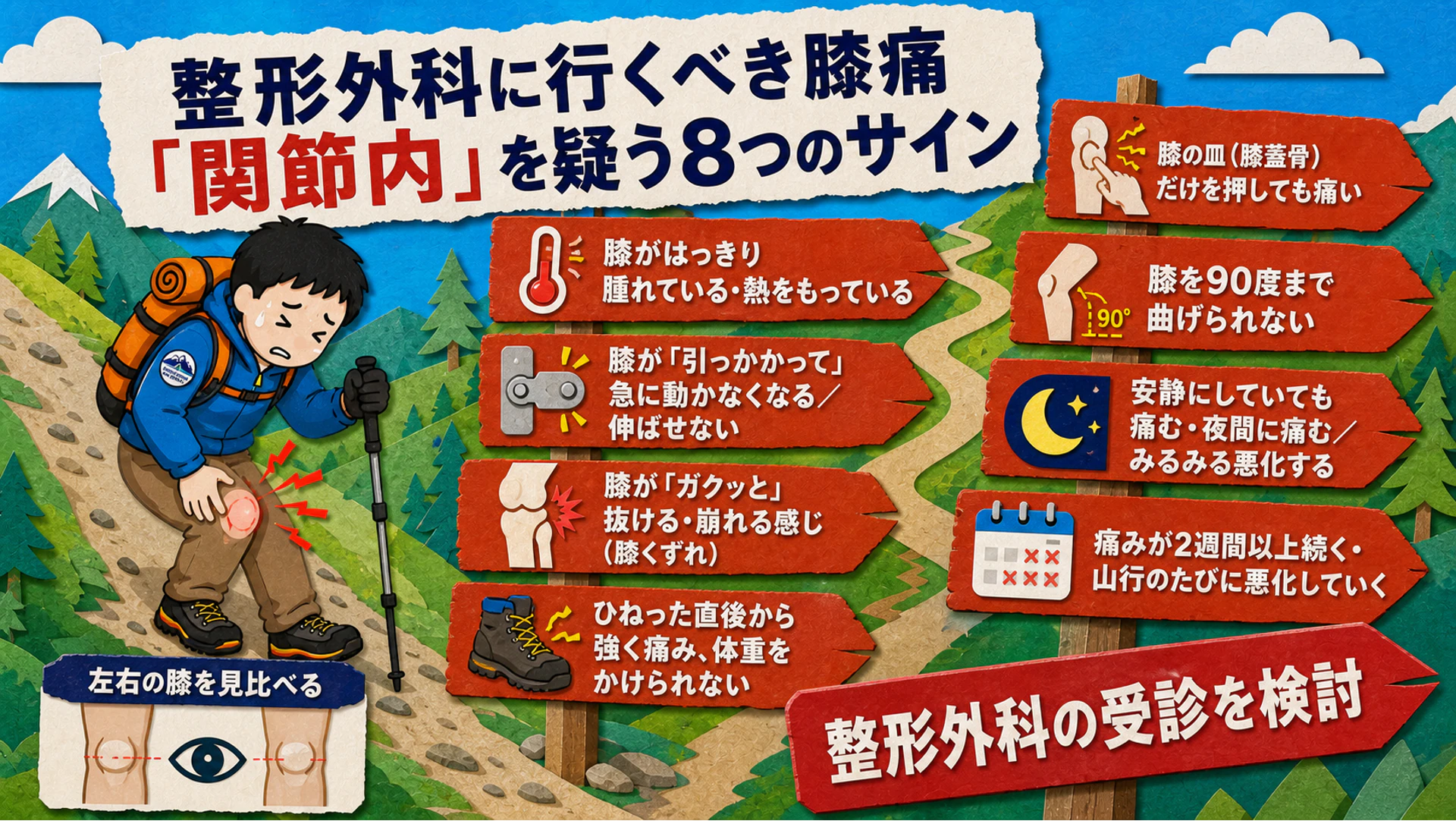 整形外科に行くべき膝痛=関節内を疑う8つのサイン。腫れ・熱感/引っかかり(ロッキング)/膝くずれ/ひねった直後の強い痛み/お皿だけ押しても痛い/90度曲げられない/夜間痛/2週間以上続く