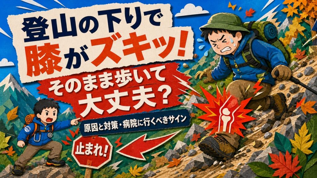 登山の下りで膝がズキッ！そのまま歩いて大丈夫？──原因と対策・病院に行くべきサイン。紅葉の急な下り坂で膝を押さえてしゃがみ込む登山者と、止まれの標識を指す山岳医のイラスト