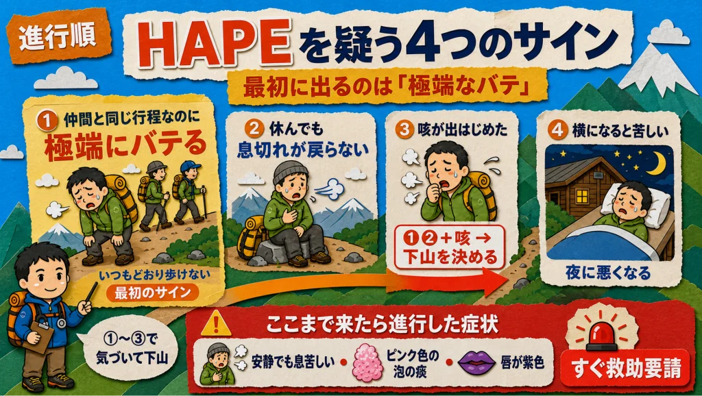 高地肺水腫(HAPE)を疑う4つのサインを進行順に並べた図解。①仲間と同じ行程なのに極端にバテる ②休んでも息切れが戻らない ③咳が出はじめた ④横になると苦しい。①〜③で気づいて下山し、安静時の呼吸苦やピンク色の泡の痰が出たら救助要請