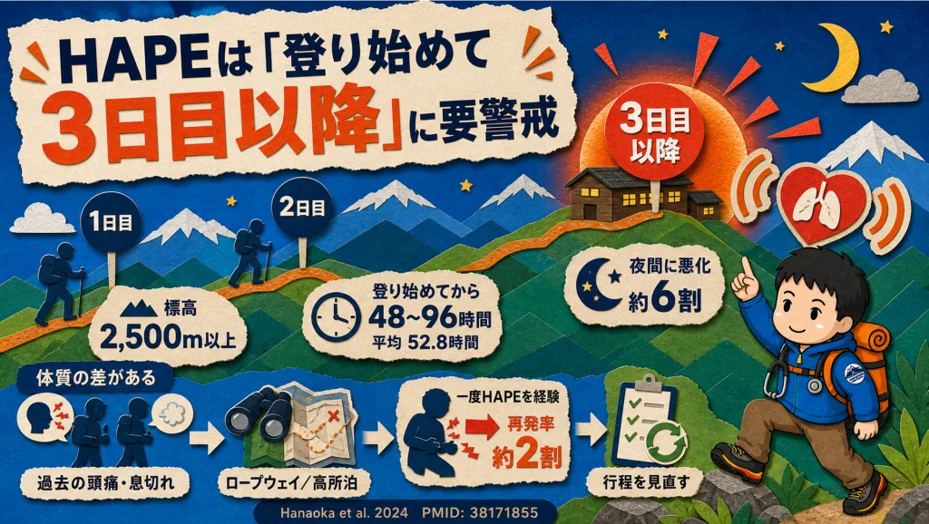 高地肺水腫(HAPE)は登り始めて3日目以降に要警戒であることを示す図解。標高2,500m以上、登り始めから48〜96時間(平均52.8時間)で発症し、約6割が夜間に悪化する。一度発症した人の再発率は約2割