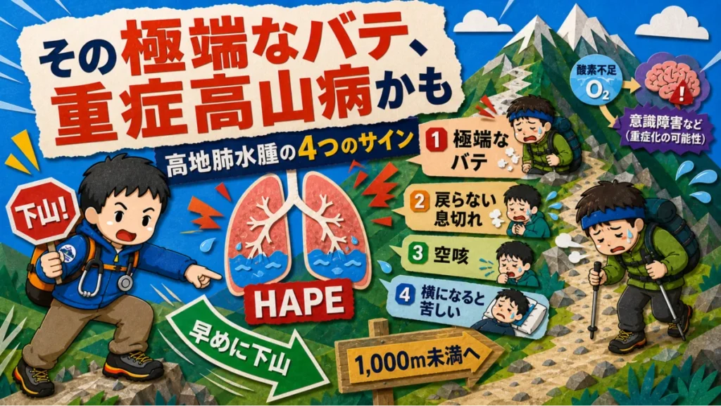 その極端なバテ、重症高山病かも──高地肺水腫（HAPE）の4つのサイン（極端なバテ・戻らない息切れ・空咳・横になると苦しい）と、早めに標高1,000m未満へ下山することを示した図解