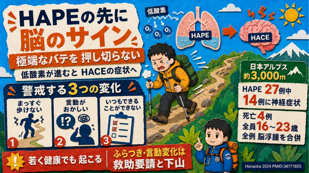高地肺水腫(HAPE)が進んだ先に現れる脳のサインの図解。まっすぐ歩けない・言動がおかしい・いつもできることができないの3つの変化。日本アルプス約3,000mのHAPE 27例中14例に神経症状、死亡4例は全員16〜23歳で全例が脳浮腫を合併