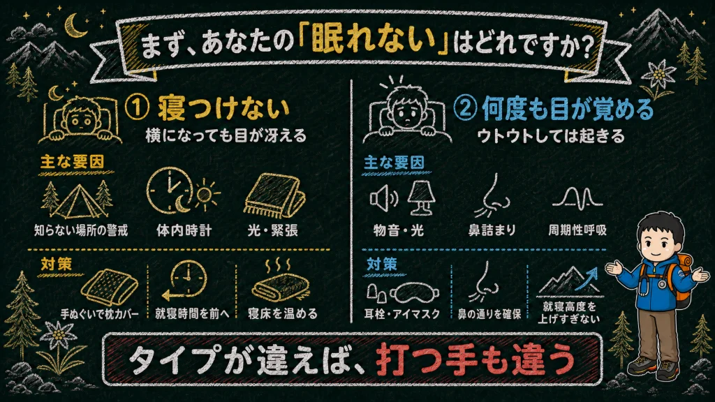 山小屋で眠れない2つのタイプの図解。①寝つけない＝知らない場所での警戒・体内時計・光や緊張が要因で、対策は手ぬぐいで枕カバー・就寝時間を前へ・寝床を温める。②何度も目が覚める＝物音や光・鼻詰まり・周期性呼吸が要因で、対策は耳栓とアイマスク・鼻の通りを確保・就寝高度を上げすぎない
