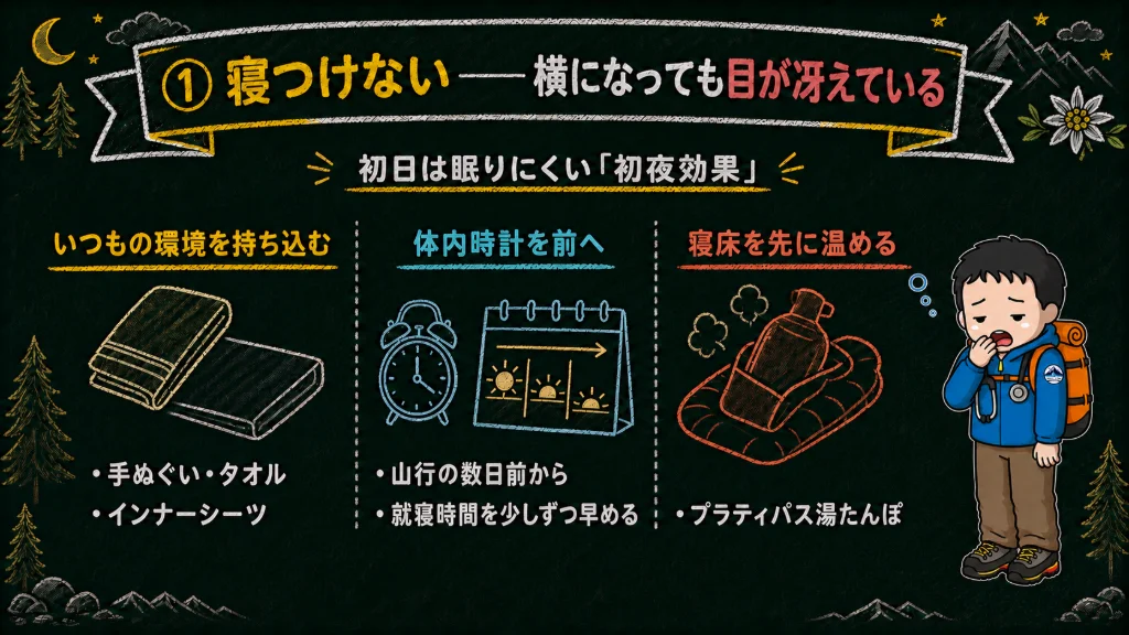 寝つけないタイプの対策の図解。初日は眠りにくい「初夜効果」。いつもの環境を持ち込む（手ぬぐい・インナーシーツ）、体内時計を前へ（山行の数日前から就寝時間を少しずつ早める）、寝床を先に温める（プラティパス湯たんぽ）