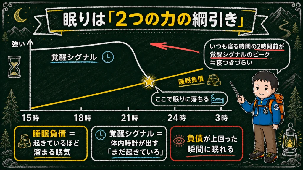 眠りは「2つの力の綱引き」の図解。時刻ごとの覚醒シグナルと睡眠負債のグラフで、いつも寝る時間の2時間前が覚醒シグナルのピーク＝寝つきづらく、睡眠負債が上回った瞬間に眠りに落ちる