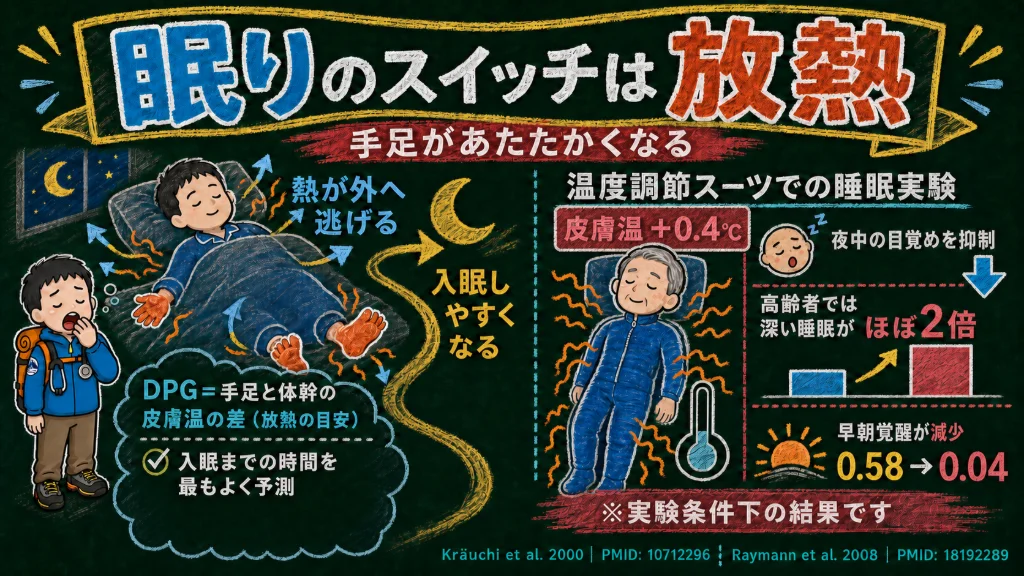眠りのスイッチは放熱、という図解。手足から熱が逃げると入眠しやすくなる。温度調節スーツで皮膚温を0.4℃上げた実験では夜中の目覚めが抑えられ、高齢者では深い睡眠がほぼ2倍、早朝覚醒が0.58から0.04に減少