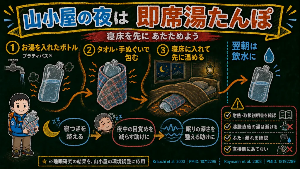 山小屋での即席湯たんぽの作り方の図解。①お湯を入れたボトル（プラティパス）②タオルや手ぬぐいで包む③寝床に入れて先に温める、翌朝は飲水に。耐熱の確認、沸騰直後の湯は避ける、ふたと漏れの確認、直接肌にあてない