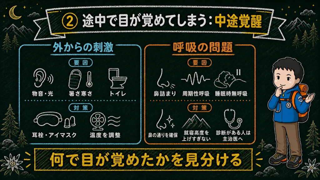 途中で目が覚めてしまう（中途覚醒）の図解。外からの刺激＝物音や光・暑さ寒さ・トイレで、対策は耳栓とアイマスク・温度を調整。呼吸の問題＝鼻詰まり・周期性呼吸・睡眠時無呼吸で、対策は鼻の通りを確保・就寝高度を上げすぎない・診断がある人は主治医へ