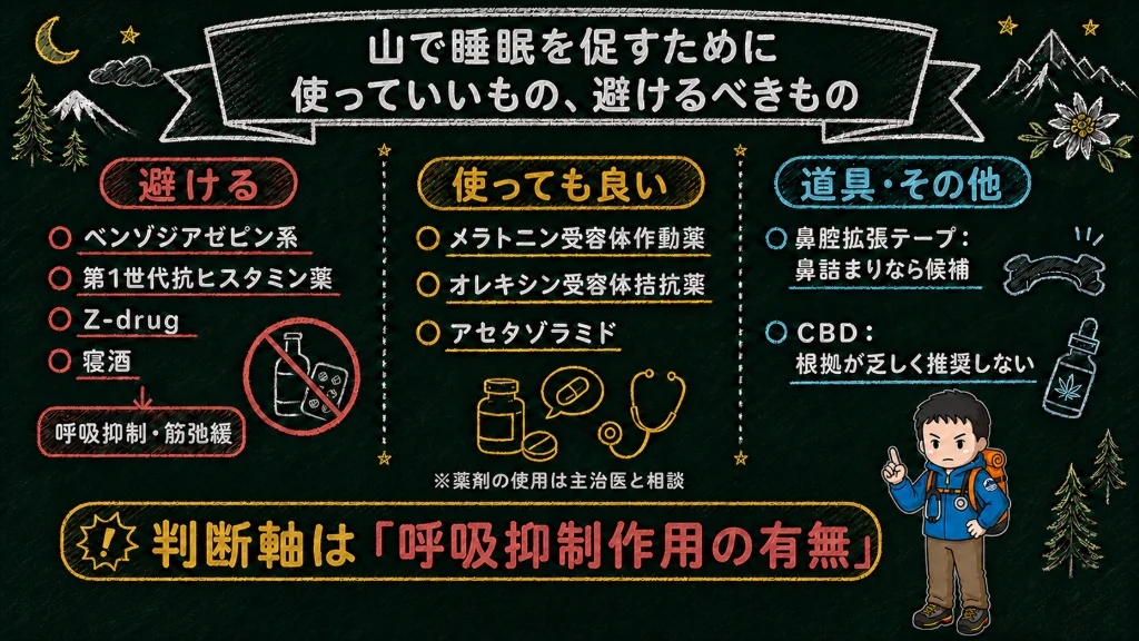 山で睡眠を促すために使っていいもの・避けるべきものの図解。避けるのはベンゾジアゼピン系・第1世代抗ヒスタミン薬・Z-drug・寝酒（呼吸抑制と筋弛緩）。使ってよいのはメラトニン受容体作動薬・オレキシン受容体拮抗薬・アセタゾラミド。判断軸は呼吸抑制作用の有無