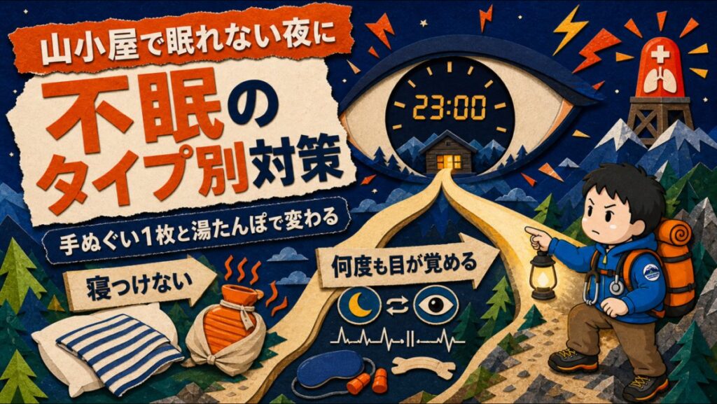 「山小屋で眠れない夜に 不眠のタイプ別対策」のアイキャッチ。夜の山と山小屋、23時を指す時計を切り絵風に描き、道が「寝つけない」と「何度も目が覚める」の2つに分かれている。寝つけない側に手ぬぐいと湯たんぽ、目が覚める側にアイマスクと耳栓が置かれ、ランタンを持った山岳医が道を指し示している