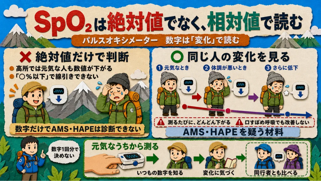 パルスオキシメーターの使い方の図解。SpO2は絶対値では高山病を診断できず、同じ人の変化で読む。測るたびに下がる、口すぼめ呼吸でも改善しない場合は急性高山病や高地肺水腫を疑う材料になる