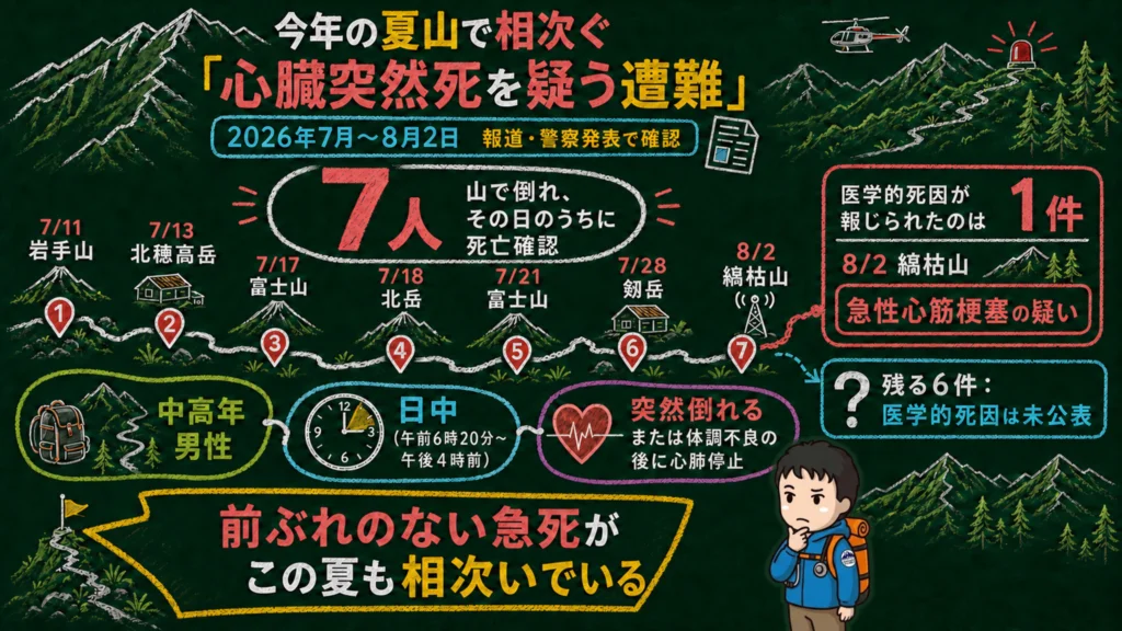 2026年7月から8月にかけて山で相次いだ、心臓突然死を疑う遭難事例のまとめ