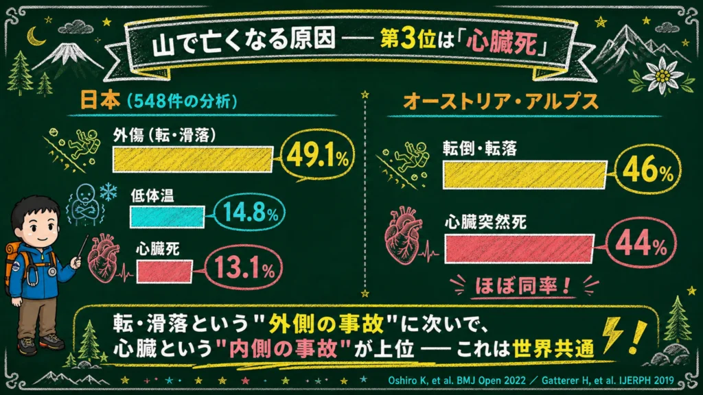 山で亡くなる原因の内訳。日本とオーストリア・アルプスの死因を比較し、心臓死が上位を占めることを示したグラフ