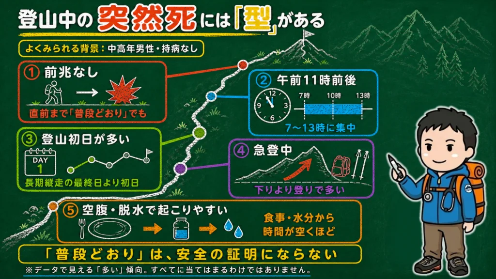 登山中の心臓突然死の型。前兆なし・登山初日・昼前後・急登中という特徴を示した図解