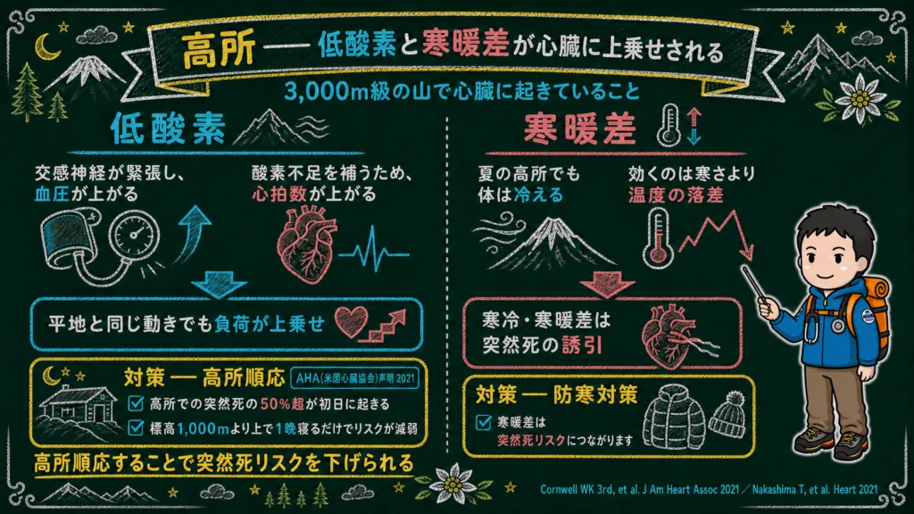高所の低酸素と寒暖差が心臓の負担に上乗せされる仕組みと、高所順応・防寒対策を示した図解
