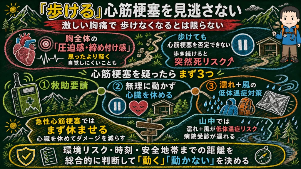 登山中に胸の圧迫感が出たときの対応。救助要請、無理に動かない、低体温症対策を示した図解