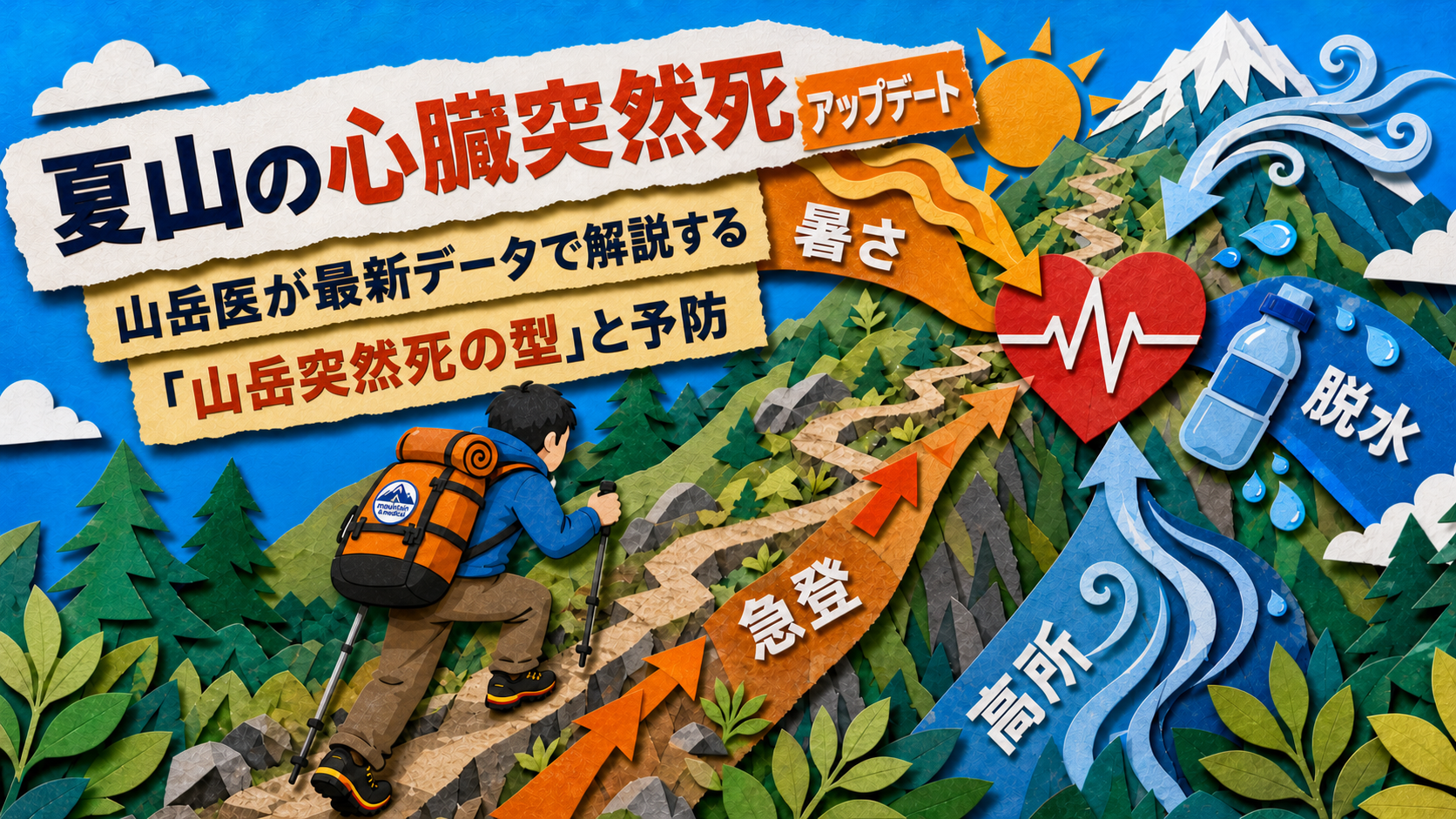 夏山の心臓突然死。前兆なし・登山初日・昼前後・急登中という型と予防を山岳医が解説する記事のアイキャッチ