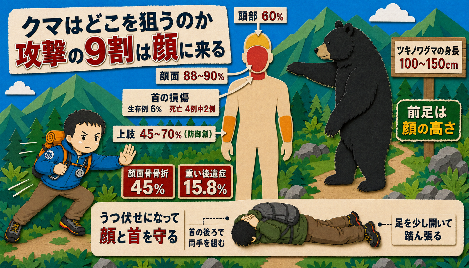 クマはどこを狙うのかの図解。立ち上がったツキノワグマは身長100〜150cmで前足が人の顔の高さに来る。受傷は頭部60%・顔面88〜90%・上肢45〜70%（防御創）、顔面骨骨折45%、重い後遺症15.8%、首の損傷は生存例6%・死亡は4例中2例。うつ伏せで顔と首を守る