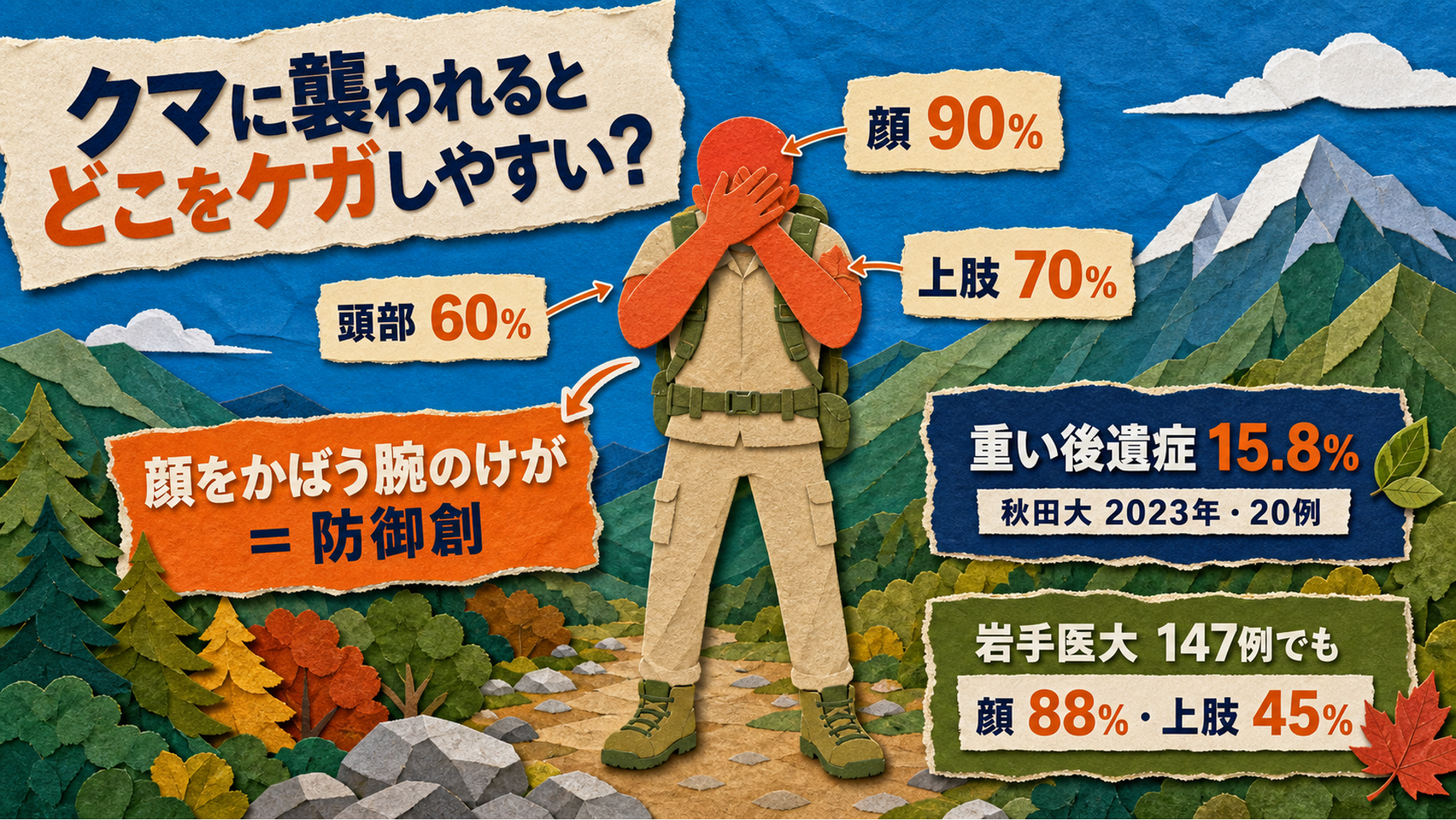 クマに襲われるとどこをケガしやすいかの図解。秋田大2023年20例で顔90%・上肢70%・頭部60%、顔をかばう腕のケガが防御創、重い後遺症15.8%。岩手医大147例でも顔88%・上肢45%