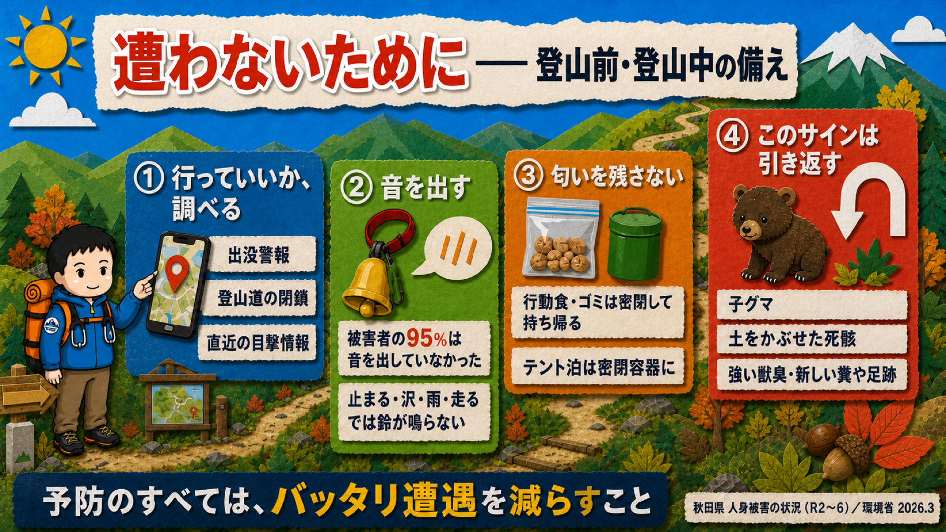 クマに遭わないために登山前・登山中にやることの図解。①出没警報・登山道の閉鎖・直近の目撃情報を調べる ②音を出す（被害者の95%は音を出していなかった）③食べ物の匂いを残さない ④子グマ・埋められた死骸・獣臭を見たら引き返す