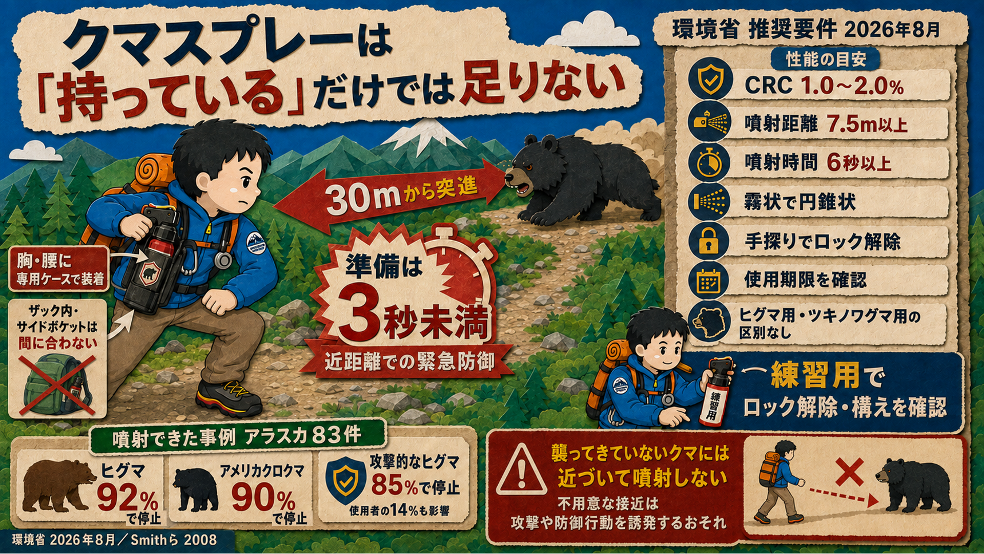 クマスプレーは持っているだけでは足りないことの図解。30mから突進されると準備は3秒未満、胸か腰の専用ケースに装着しザック内は間に合わない。環境省2026年8月の性能要件（CRC1.0〜2.0%・噴射距離7.5m以上・6秒以上・霧状）と練習用スプレーでの練習