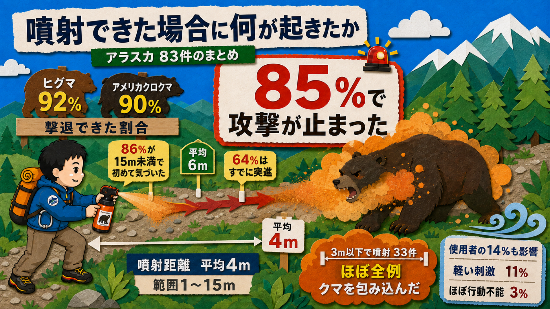 クマスプレーを噴射できた場合の結果の図解。アラスカ83件でヒグマ92%・アメリカクロクマ90%、攻撃的なヒグマでも85%で攻撃が止まった。86%は15m未満で初めて気づき平均6m、噴射距離は平均4m、使用者の14%にも影響