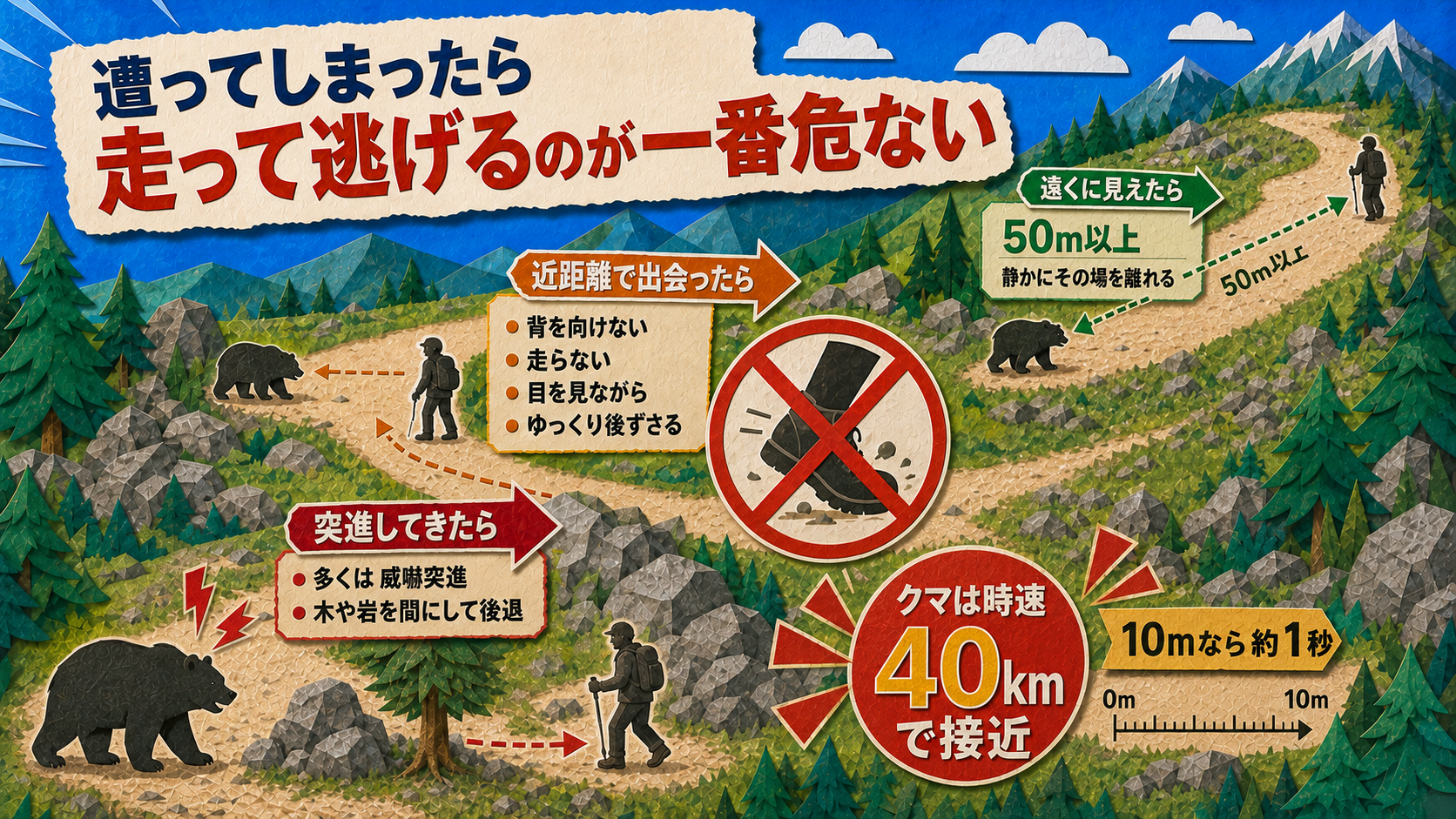 クマに遭ってしまったときの行動の図解。遠くなら静かに離れる、近距離では背を向けず走らず目を見ながらゆっくり後ずさる、突進の多くは威嚇突進で木や岩を間にして後退。クマは時速40kmで10mなら約1秒