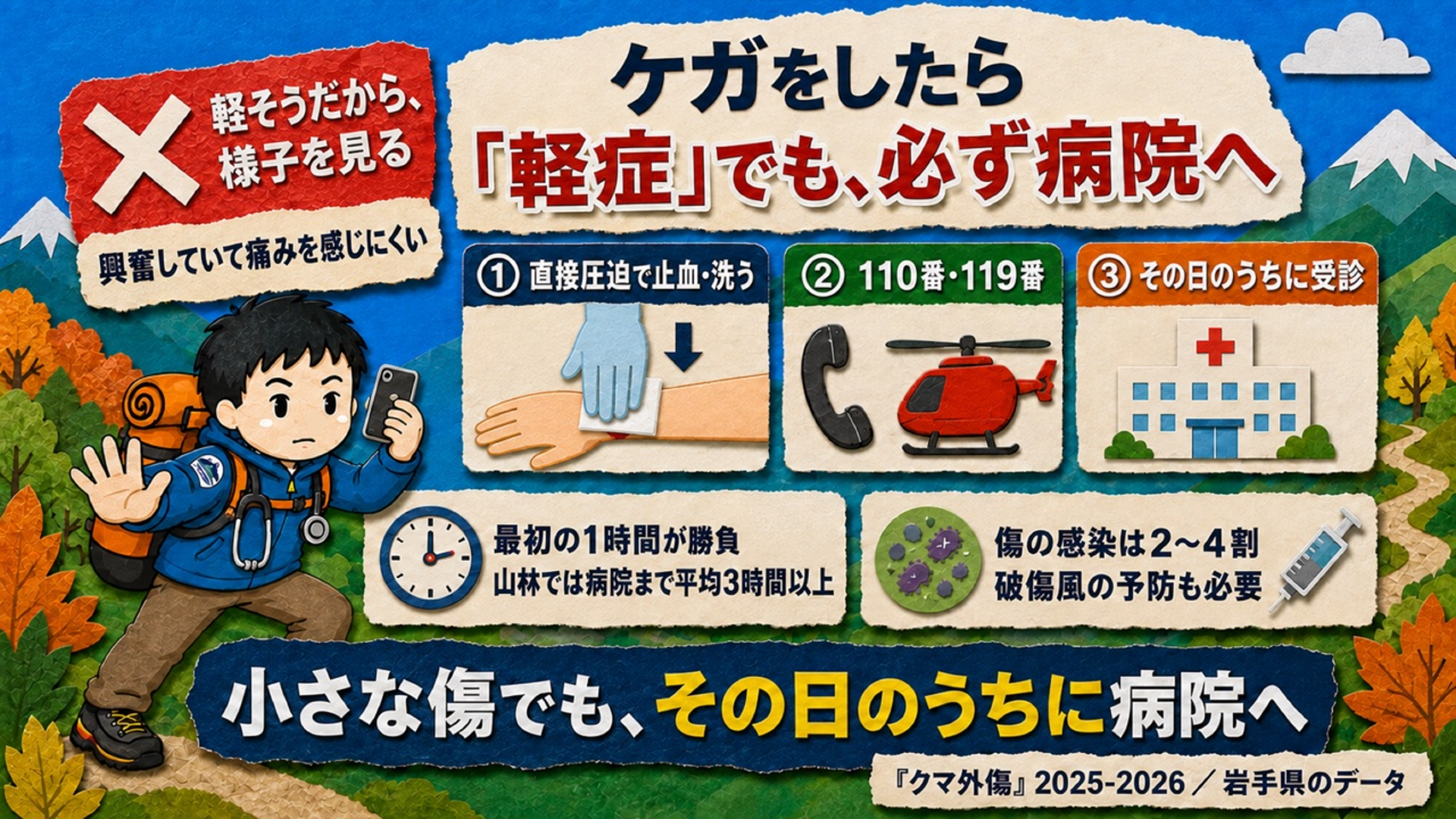 クマにケガをさせられたときの図解。「軽そうだから様子を見る」が最も危険。①直接圧迫で止血して洗う②110番・119番③その日のうちに受診。最初の1時間が勝負で山林では病院まで平均3時間以上、傷の感染は2〜4割で破傷風の予防も必要