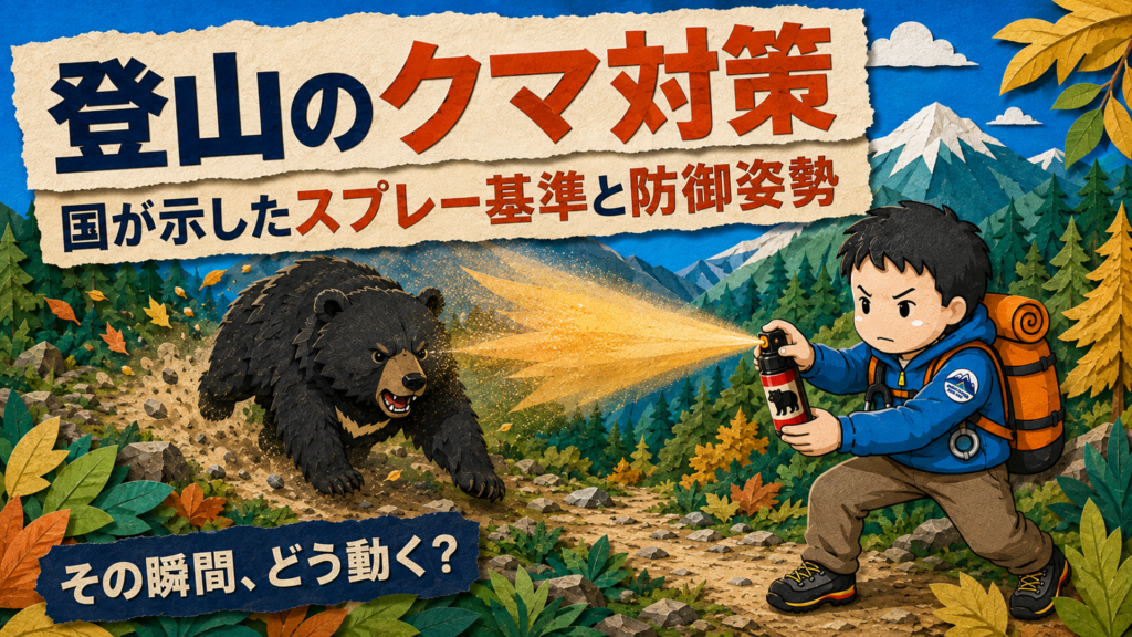 登山のクマ対策｜国が示したスプレー基準と防御姿勢のアイキャッチ。登山道で突進してくるツキノワグマに向かって、山岳医が構えたクマスプレーを噴射している切り絵風イラスト。「その瞬間、どう動く？」
