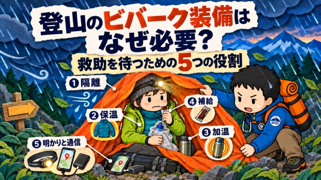 強い風雨の中、とも先生がシェルターを押さえ、ザックに座る登山者の救助待機を支える切り絵。隔離・保温・加温・エネルギー補給・照明と通信の5つの役割を示す。