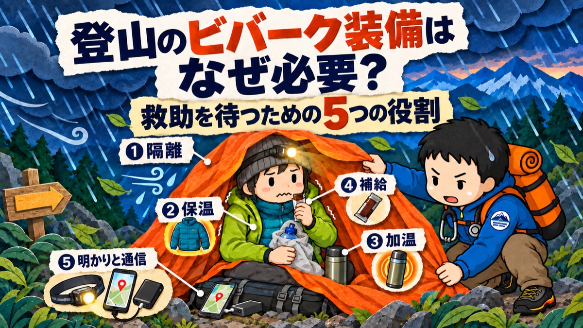 強い風雨の中、とも先生がシェルターを押さえ、ザックに座る登山者の救助待機を支える切り絵。隔離・保温・加温・エネルギー補給・照明と通信の5つの役割を示す。