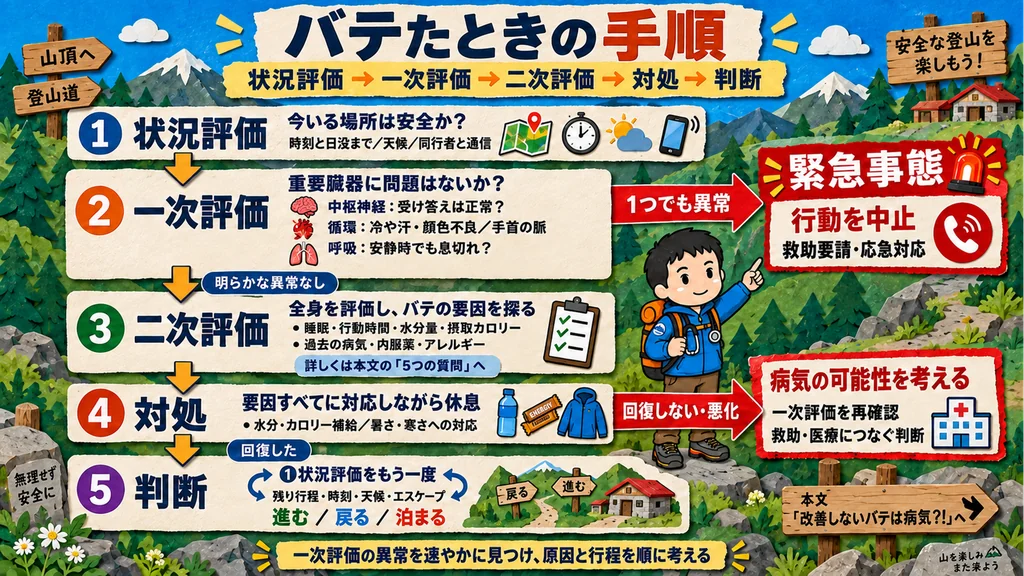 バテたときの対応フローチャート。①状況評価②一次評価(中枢神経・循環・呼吸)③二次評価④対処⑤判断の順に進み、一次評価に1つでも異常があれば行動を中止して救助要請、対処しても回復しない・悪化する場合は病気の可能性を考える