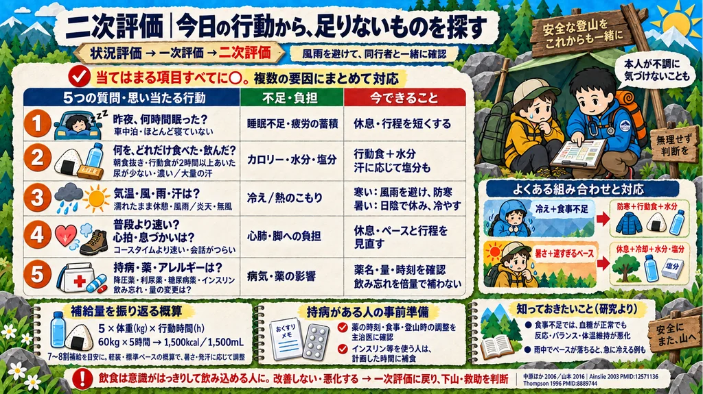 二次評価の5つの質問の表。前夜の睡眠、食事と水分、気温・風・汗、ペースと心拍、持病と薬から不足と負担を洗い出し、当てはまるものすべてに同時に対応する