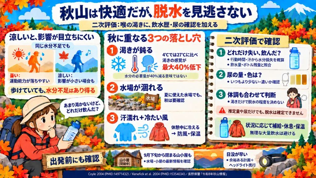 秋山の脱水の図解。涼しいと脱水の影響は目立ちにくいが、4℃では27℃に比べ渇きの感覚が最大40%低下し、水場が涸れることや汗濡れと冷たい風も重なる。二次評価では飲水量と尿の量・色で客観的に確認する